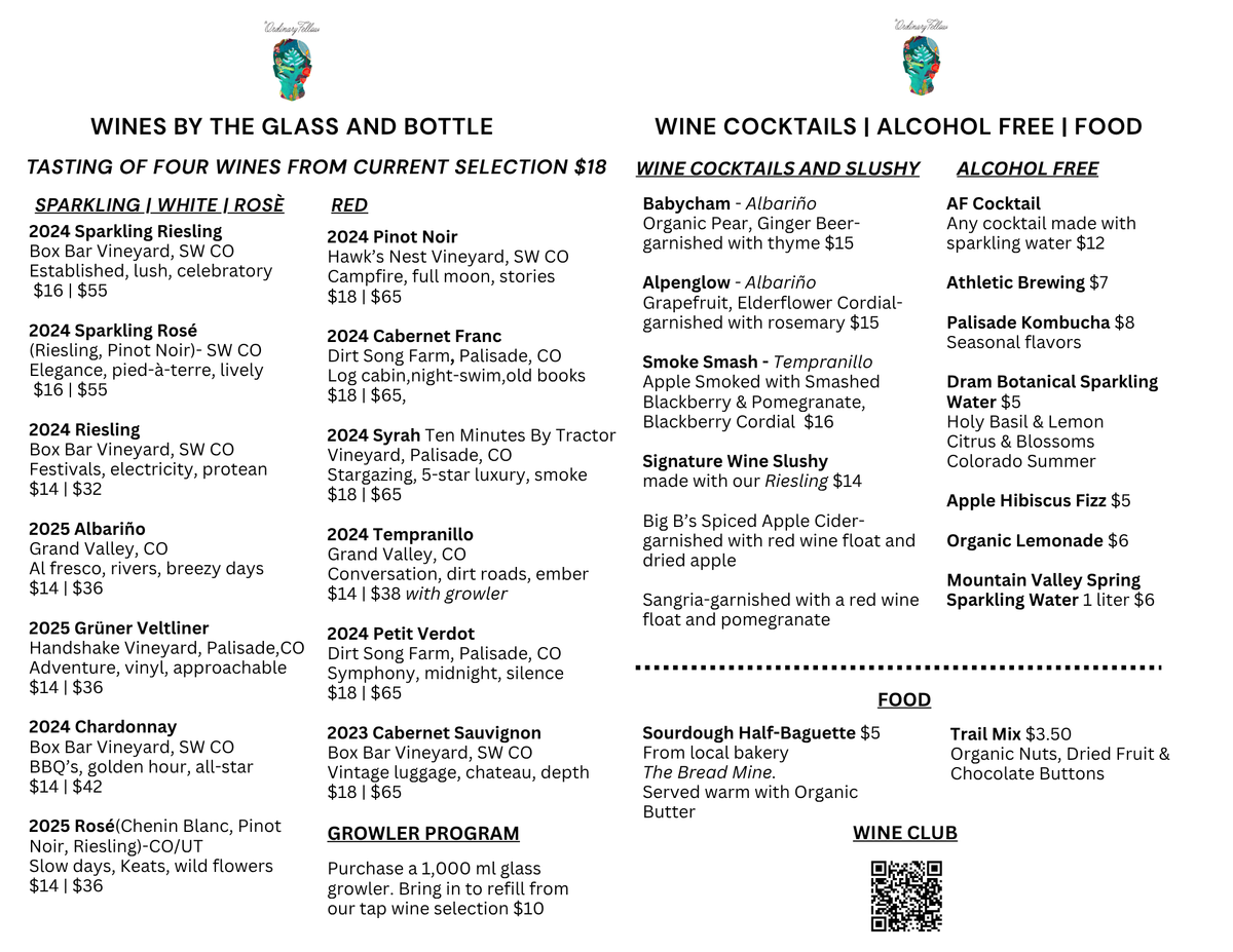 Current tasting room menu