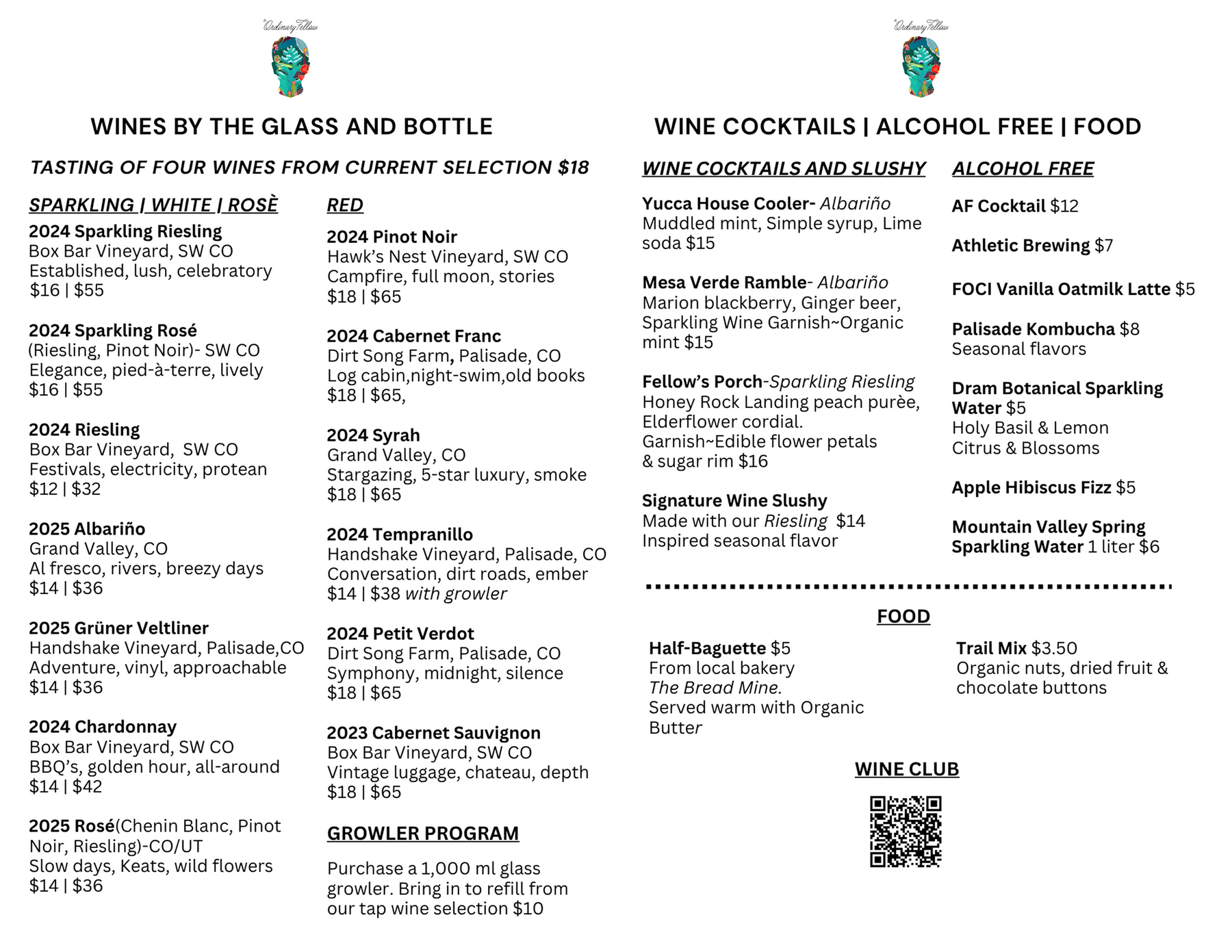 Current tasting room menu